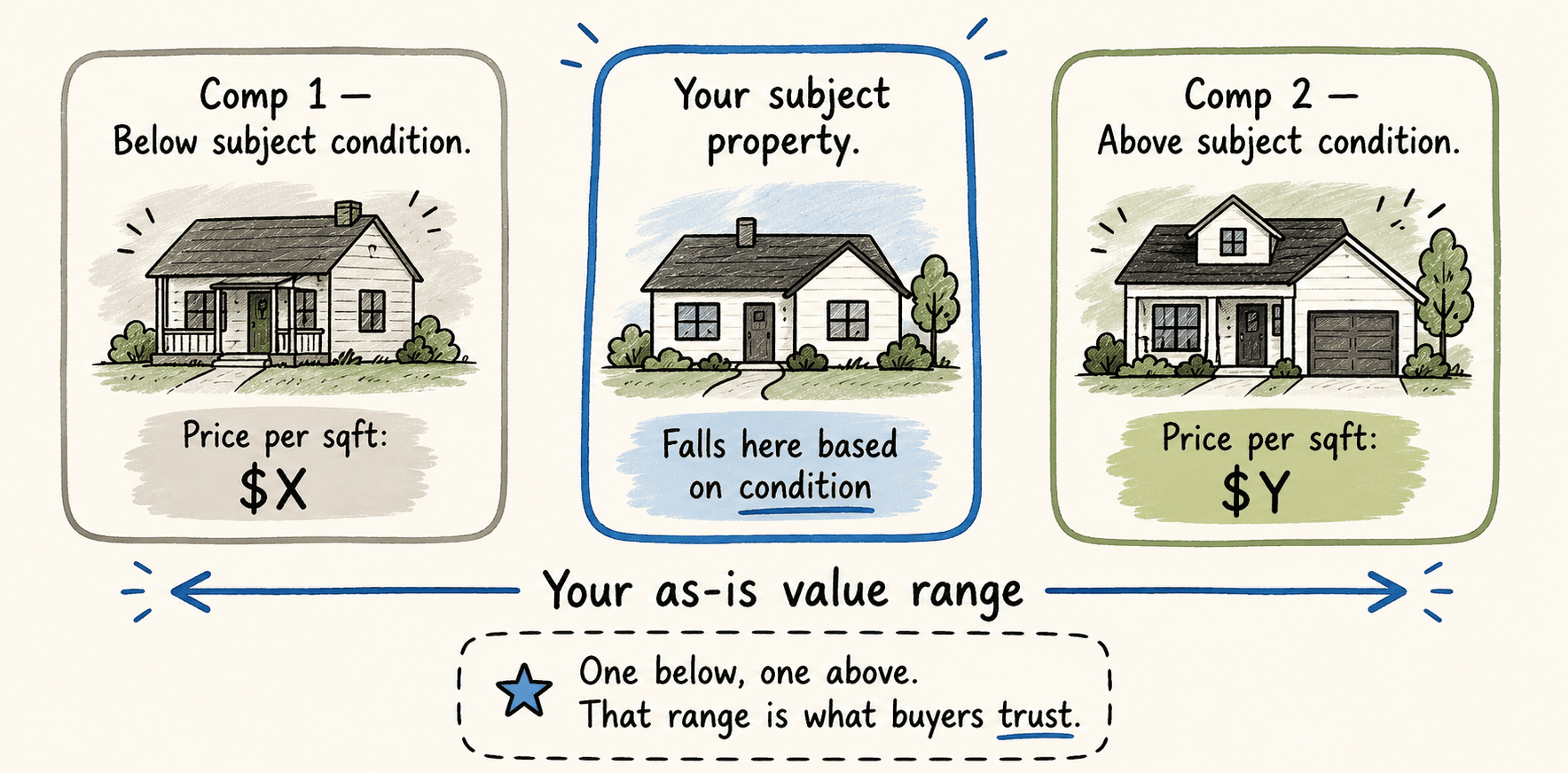 Sample as-is comp report layout with subject details and a comparison table for buyers